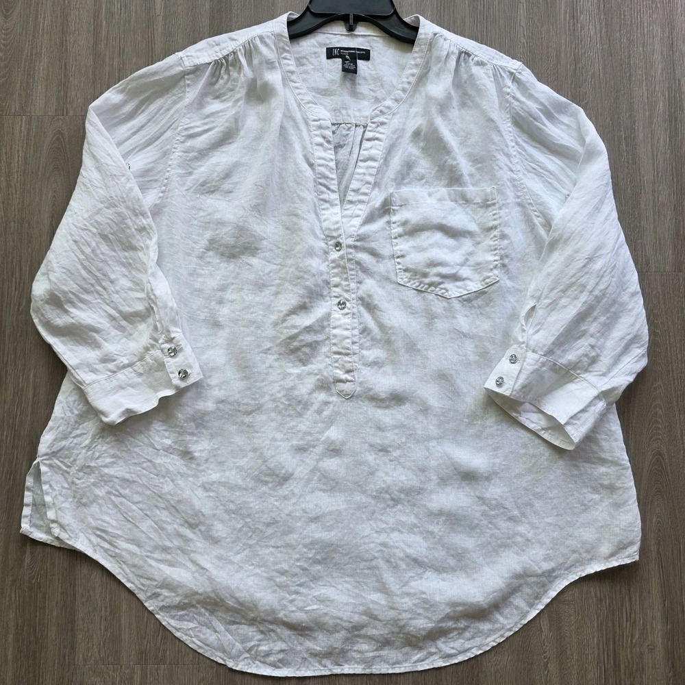 INC Linen Blouse 22W White 3/4 Sleeve Roll Tab Lightweight Top - Picture 11 of 16
